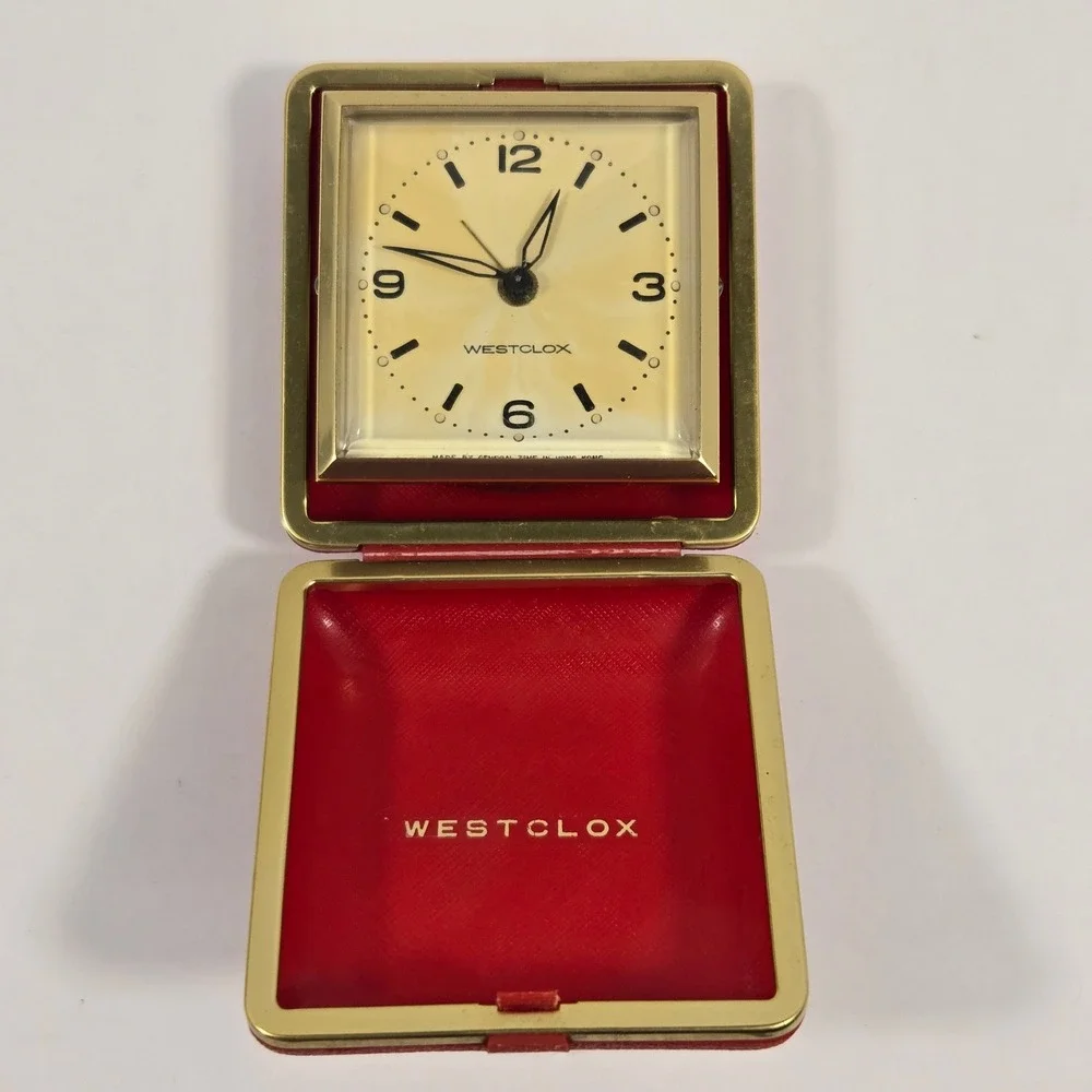 Vintage Westclox Travel Alarm Clock Red Folding Case General Time Hong Kong